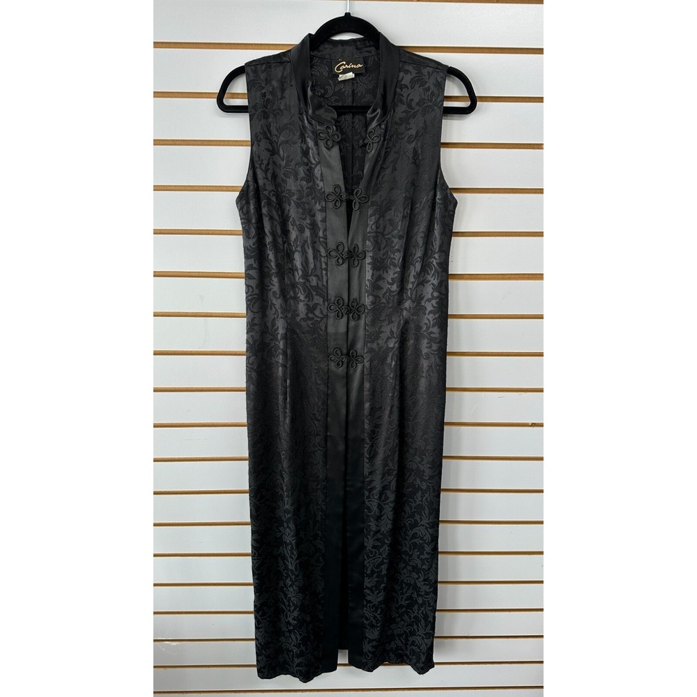 Vintage Carina Oriental Vest Size 12 Sleeveless Black Ornate Long Kimono Duster